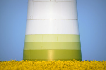 base of a wind power plant on a canola field against blue sky