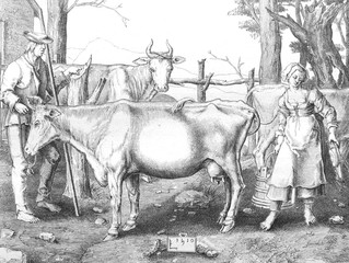 Wall Mural - Picture of milk woman with a bucket of milk standing near the cows in the old book Des Peintres, by C. Blanc, 1863, Paris