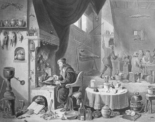 Wall Mural - Chemist by Daviv Teniers in the old book Des Peintres, by C. Blanc, 1863, Paris