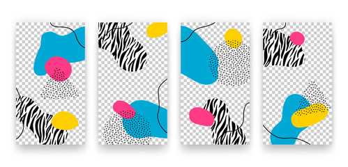 Wall Mural - Vector set of design templates for social media stories. Abstract creative backgrounds with zebra animal pattern and geometric fluid elements in minimal trendy style