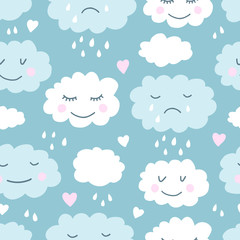 Wall Mural - Cute hand drawn seamless pattern with clouds. Background for kids with smiling clouds. Vector illustration