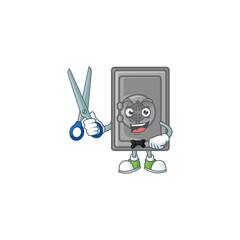 Sticker - Happy smiling barber security box closed mascot design style