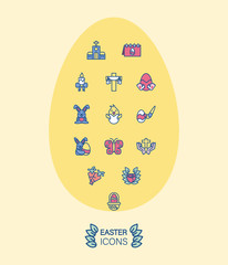 Wall Mural - cute happy easter icons set over yellow egg background