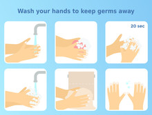Vector Illustration 'Wash Your Hands To Keep Germs Away'. Set Of 6 Icons Of Washing Hands Step By Step. Handwashing Infographic. Colorful Instruction For Health Posters, Memos, Banners.