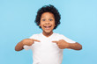© khosrork - Wow, this is me! Portrait of amazed happy preschool boy in T-shirt looking at camera with shocked face and pointing himself, being proud and surprised. indoor studio shot isolated on blue background