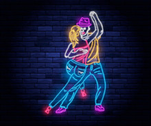 Dance Party Neon Banner With Dancing Couple