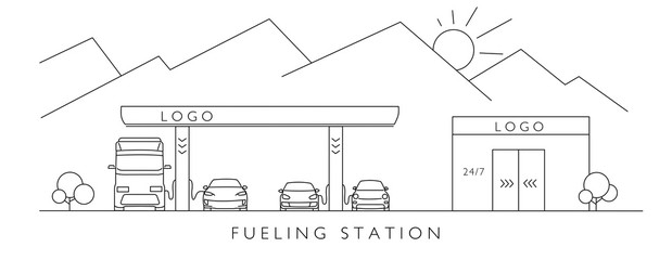 Wall Mural - refueling gas station with small shop on travel route with mountains, with different cars and other vehicles, linear graphic