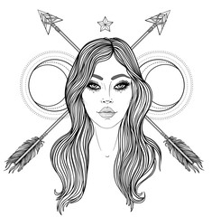 Sticker - Magic night fairy with a moon. Hand drawn portrait of a beautiful shaman woman. Alchemy, religion, spirituality, occultism, tattoo art. Isolated vector illustration. Coloring book page for adults.