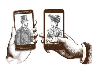 lady and gentleman taking selfie template with hand holding mobile with photo. Hand drawn engraving style pen crosshatch hatching paper painting retro vintage vector lineart illustration of the modern