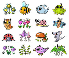 Set Of Cute Forest Or Woodland Animals And Plant Elements Suitable For Stickers