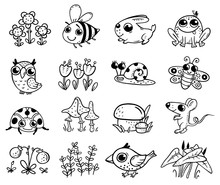 Set Of Cute Forest Or Woodland Animals And Plant Elements Suitable For Stickers, Coloring Page