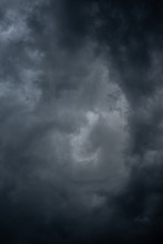 Dark Black Clouds In The Sky, Stormy Rain Clouds Background.