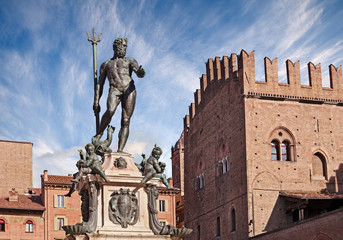 Poster - Bologna, Emilia Romagna, Italy: the Renaissence Fountain of Neptune with the statue of the god of water and sea