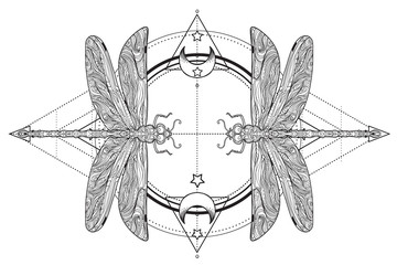 Wall Mural - Dragonfly over sacred geometry sign, isolated vector illustration. Tattoo sketch. Mystical symbols and insects. Alchemy, occultism, spirituality, coloring book. Hand-drawn vintage.