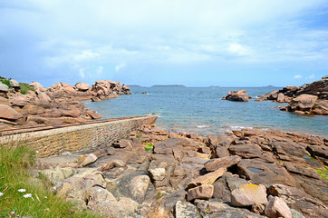 Coastline with well known pink rocks, Pink Granite Coast or Cote de Granite Rose in Brittany, France