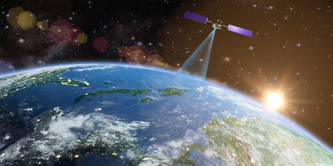 the satellite transmits a signal to the earth against the background of the sun. 3d rendering. eleme