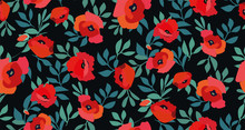 Seamless Pattern With Red Poppy Flowers And Leaves On A Black Background. Floral Print. Vector Hand-drawn Illustration.
