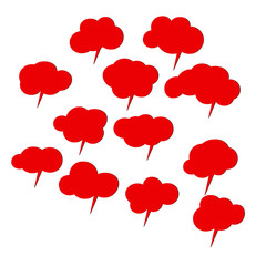 Set of red speech bubbles. Cartoon Vector illustration. Isolated on transparent white background. Hand draw style, dialog clouds. 