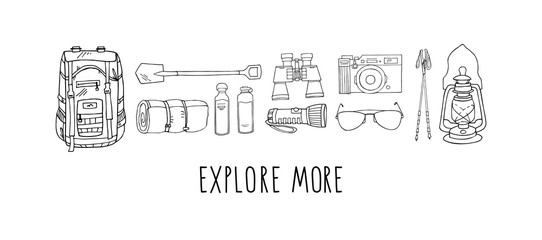 Wall Mural - Vector set of hand drawn elements isolated on white. Hiking gear. Backpack, rolled camping bed, reusable bottles, flashlight, shovel, binoculars, camera, sunglasses, storm lamp, trekking sticks.