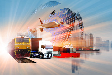 Wall Mural - The world logistics  background or transportation Industry or shipping business, Container Cargo  shipment , truck delivery, airplane , import export Concept