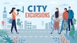 Group Walking Tour City Excursion with Personal Guide Advertisement Poster. People on Sidewalk. Tourist with Backpack Listening Woman with Megaphone Telling Town History. Vector Cityscape Illustration