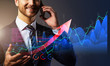 © whyframeshot - business financial technology  businessman formal suit hand control virtual futuristic device screen double exposure stock market result chart successful growth ideas concept