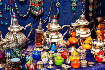 Wall Mural - Colorful oriental dishes at a market in Marrakesh.