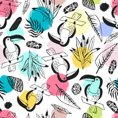 Wall Mural - Tropical seamless pattern with toucans. Vector background.