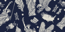 United States Of America Seamless Pattern. Statue Of Liberty, Eagle, Flag, Map. USA Patriotic Background. Old School Tattoo Style. History And Culture