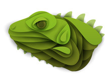 Abstract Iguana Head Isolated On White Background. Creative 3d Concept In Craft Paper Cut Style. Colorful Minimal Design Character. Original Vector Cartoon Illustration.
