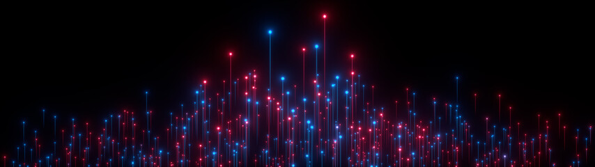 Canvas Print - Abstract wide digital background. Neon glowing lines, luminous rays in motion, technology, network connection concept. Beautiful fireworks, colorful explosion, big bang. Falling stars. 3d rendering