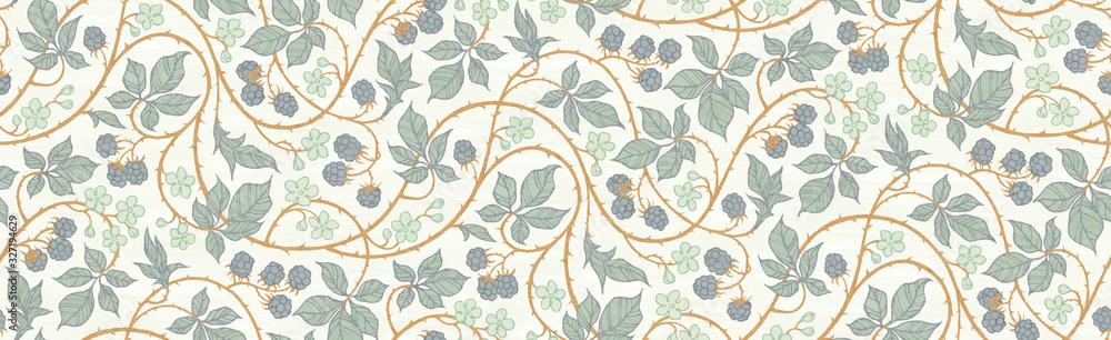 Floral botanical blackberry vines seamless repeating wallpaper pattern- exquisite elegance gold and blue-gray version - obrazy, fototapety, plakaty 