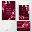 Romantic maroon wedding invitation card template set with rose  cosmos flowers  and leaves