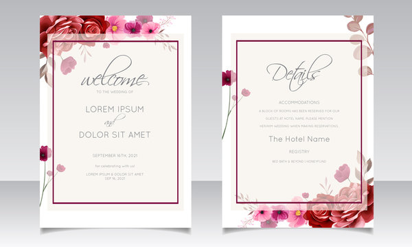 Romantic maroon wedding invitation card template set with rose  cosmos flowers  and leaves