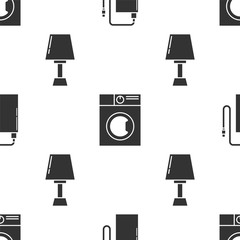 Wall Mural - Set Power bank with different charge cable , Washer and Table lamp on seamless pattern. Vector