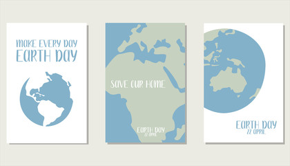  Happy Earth Day, environment safety celebration. Vector set of 3 ready-to-use card. Perfect for print, social poster, ecology postcard, flyer