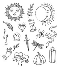 Hand Drawn Magic Set, Witchcraft Vector Doodle Symbols. Magician And Alchemy Signs Collection: Snake, Crystal, Sun, Moon, Feather, Pumpkin, Dirk.