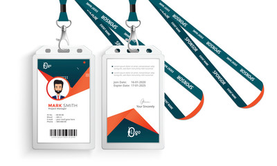 Wall Mural - Id card with lanyard set isolated vector illustration. Blank plastic access card, name tag holder with pin ribbon, corporate card key, personal security badge, press event pass template.