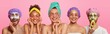 © WHstudio Leushin N - Three mixed race women apply gel patches under eyes to reduce wrinkles, express positive emotions, two men wear clay masks with cucumber slices, bath caps. Set of five people get beauty treatments