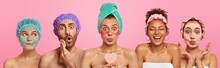 Collage Shot Of Five People Appy Face Masks, Hold Beauty Sponges, Stand With Bare Shoulders Indoor, Care About Appearance And Beauty, Isolated On Pink Background. Wellness, Cosmetology, Spa Concept