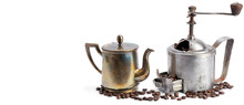 Vintage Coffee Pot, Grinder Coffee And Beans Isolated On White Background. Free Space For Text. Wide Photo.