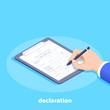 isometric vector image on a blue background, a man in a business suit with a ballpoint pen fills out a declaration or document form lying on a tablet