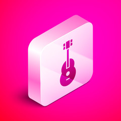 Isometric Guitar icon isolated on pink background. Acoustic guitar. String musical instrument. Silver square button. Vector Illustration