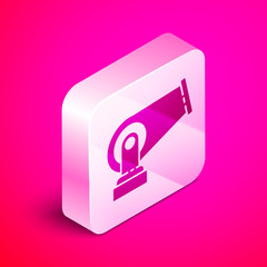 Sticker - Isometric Cannon icon isolated on pink background. Silver square button. Vector Illustration