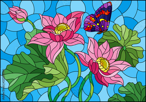 Dekoracja na wymiar  ilustracja-w-stylu-witrazu-z-kwiatami-pakami-i-liscmi-rozowego-lotosu-i-motyla