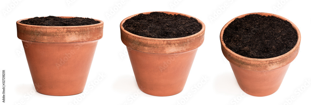 Set of old ceramic flower pot with soil isolated on white - obrazy, fototapety, plakaty 