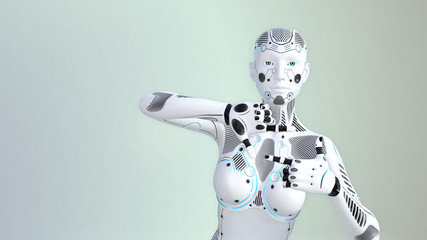 Robot shows finger photo frame, female hands gesturing isolated on light background. 3D Illustration