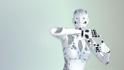 Robot shows finger photo frame, female hands gesturing isolated on light background. 3D Illustration