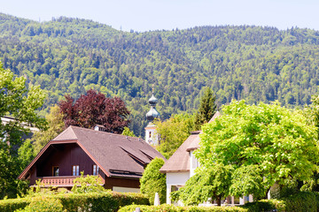 2 houses partially hidden by trees under the shadows of a green mountain