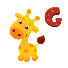 illustration of a cartoon sweet yellow giraffe. mascot funny vector yellow smiling giraffe cub, yellow with spots, cute kid icon with big eyes, funny african animal, emoticon for children learn, print